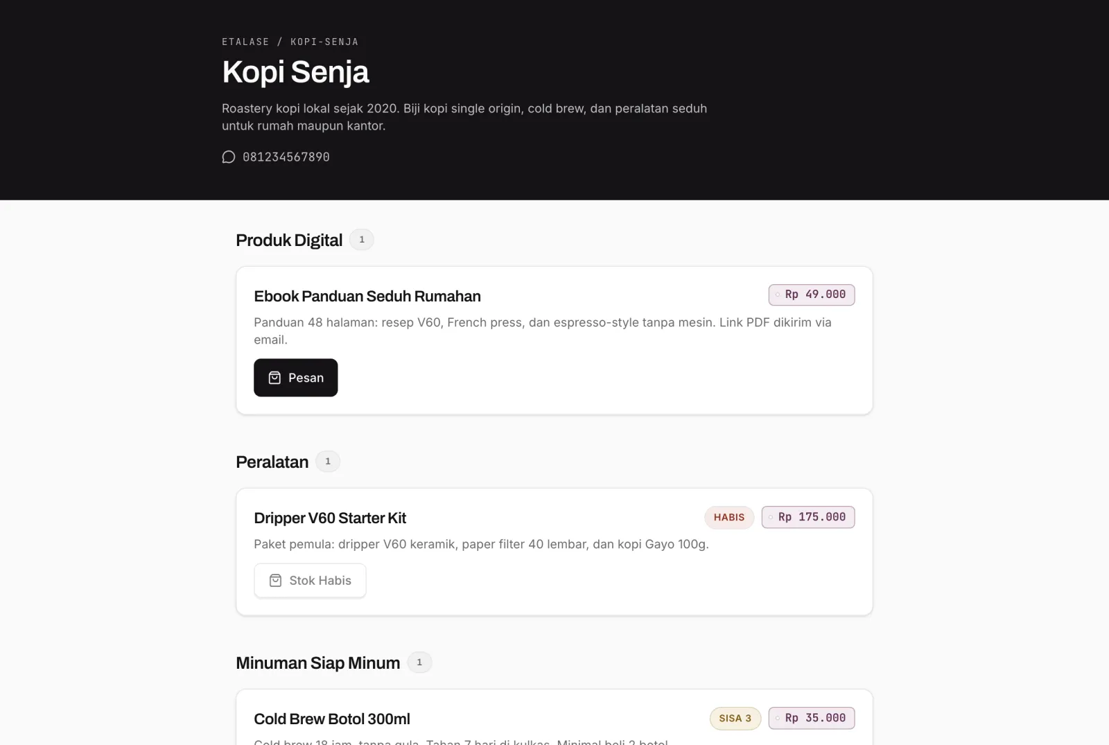 Halaman etalase publik dengan katalog dan tombol pesan